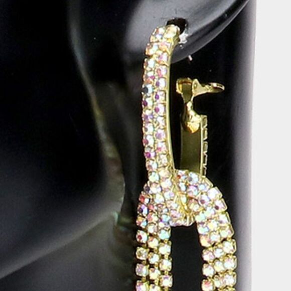 Oval Hoop Abalone Rhinestone Long Gold Earrings - Picture 2 of 6